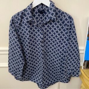Lands End Navy Geometric Button-Up Blouse Plus Size 16 Petite Women's